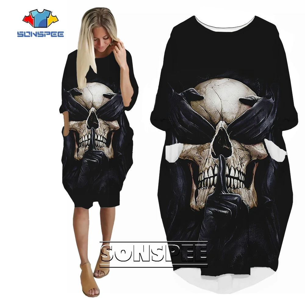 

SONSPEE Latest Horror Style Black Skull Graphic Women's Dress 3D Print Gothic Skeleton Skirt Lady Street Loose All-match Gown