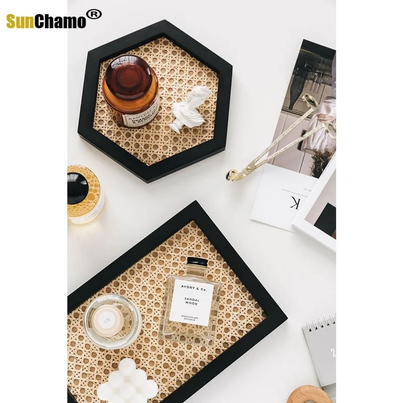 

Sunchamo Home Nordic Rattan Woven Wooden Storage Plate Handmade Ins Rectangular Geometric Ornament Keyv Tray for living room