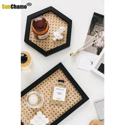 Sunchamo  Home Nordic Rattan Woven Wooden Storage Plate Handmade Ins Rectangular Geometric Ornament Keyv Tray for living room