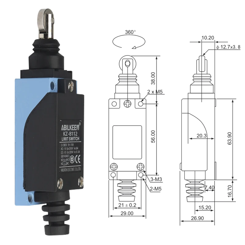 ABILKEEN KZ-8112 KZ-8122 Metal Roller Plunger Limit Travel Switch  AC250V 10A 2NO+2NC Momentary Elevator/Crane Travel Switch