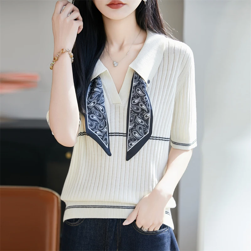 Women's POLO collar T-shirt summer new wool knitted short sleeved casual stripe… - Image 3