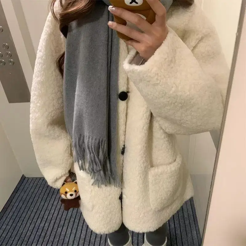 

Lamb Wool Coat Schoolgirl Autumn and Winter New Loose Versatile Warm Cotton Coat Lazy Wind Coat