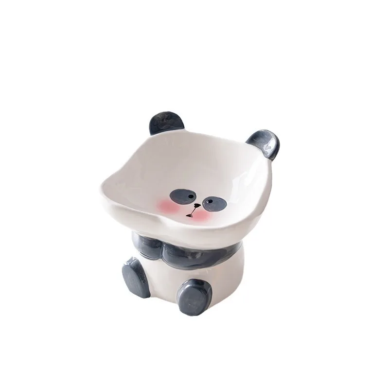 Cute Ceramic Cat Bowl Cartoon Animal Shaped Pet Bowl for Cats Dogs Neck-Protection Oblique Mouth Feeders