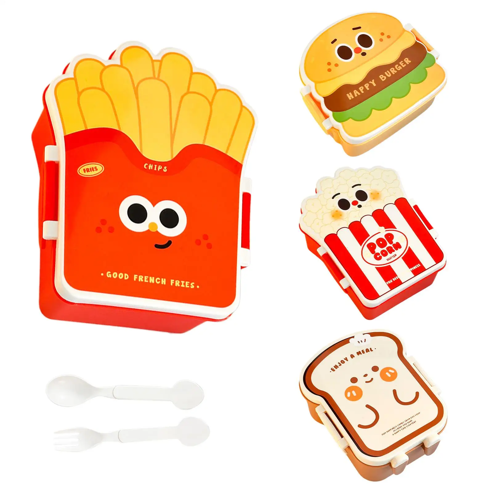 Cute Hamburger Fries Popcorn Bread Shape Lunch Box Funny Portable Microwaveable With Cutlery Divided Safe Food Box For Kids