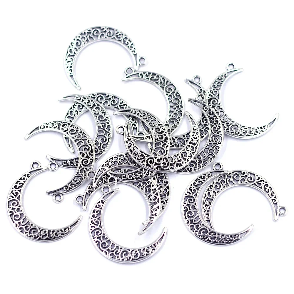 

10Pcs Pendants Moon Crescent Lune Handmade Hollow Silver Tone Zinc Metal Alloy Jewelry DIY Making Finding Charms 40x29mm