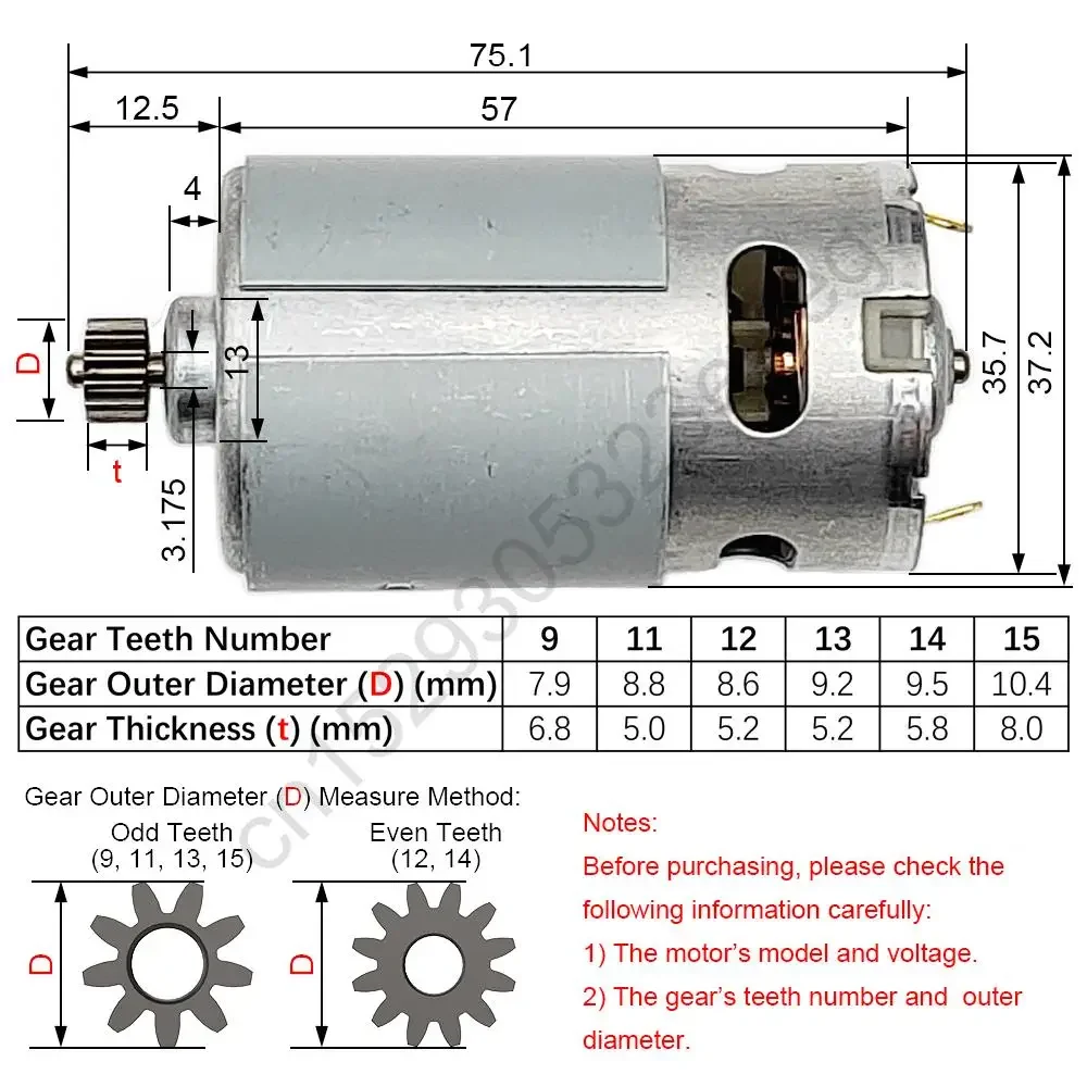 RS550 Drill DC Motor 9.6 10.8 12 14.4 16.8 18 21 25 V 9 11 12 13 14 15 Teeth Replacement for Li Cordless Electric Screwdriver