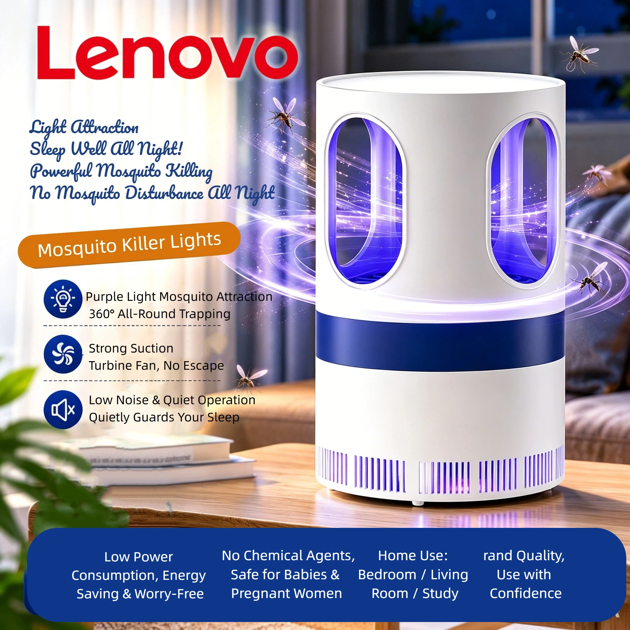 Nouvelle Lampe Anti-Moustiques UV Lenovo pour la Maison, Répulsif Physique à Lumière Violette, Idéale pour Bébés et Femmes Enceintes, Spécialement Conçue pour les Fermes