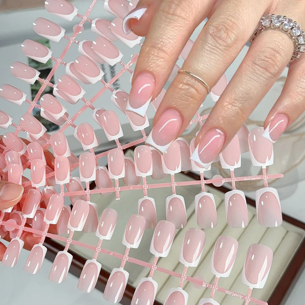 120 pièces court carré blanc français faux ongles conseils nu rose cercueil en forme brillant presse sur les ongles couverture complète portable faux ongles- #