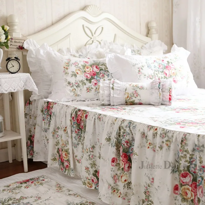 Stock Sale 200x200cm Floral print bed spread 100% satin cotton bed cover bed sheet handmade coverlet bed skirt home bedclothes