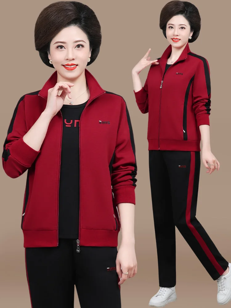 

Casual Sportswear Set for Middle-Aged Women Spring Faion Outerwear Loose Fit Tee-Piece Suit Polyester Fiber Zipper Closure
