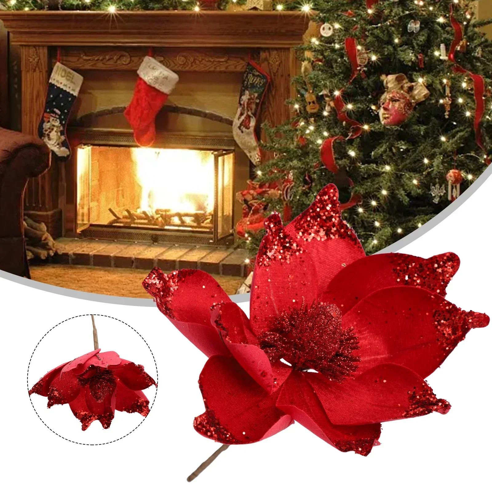 1pc Christmas Glitter Poinsettia Flower Artificial Flower Heads For Wedding Party Home Decor Xmas Merry Christmas Tree Ornaments