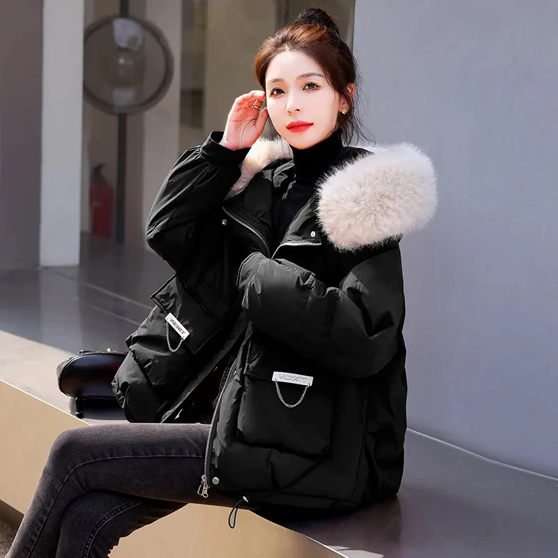 2023 Herfst/Winter Nieuwe Vrouwen Dons Katoenen Jas Dame Grote Harige Kraag Losse Korte Jas Vrouwelijke Dikke warme Hoodie Casual Top