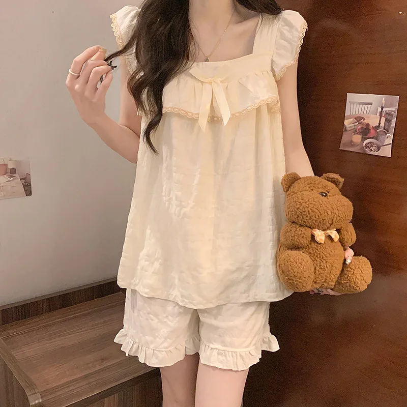 New Pajamas Women Summer with Corset Woven Cotton French Suspenders Shorts Summer Comfortable Sweet Princess Style Loungewear