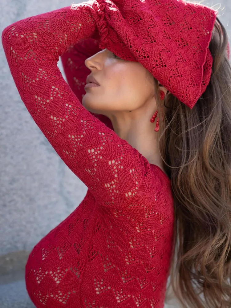 Womens Fashion Solid Color Hollow Out Knitted Dress Autumn Flare Long Sleeve Slim Bodycon Dress Winter Stretchy Cover Boho Dress