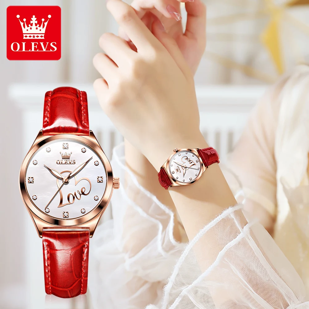 OLEVS-5580 Relógio De Quartzo Em Forma De Coração Para Mulheres, Original, Elegante Relógio De Pulso De Couro, Impermeável, Luminoso, Senhoras Relógios, Moda