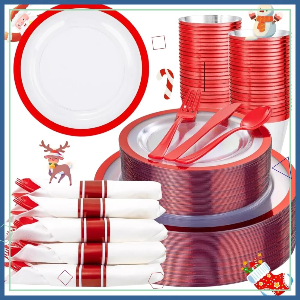 

350PCS Red Plastic Disposable Plates, Napkins & Cups Set for 50 Guests - Perfect for Christmas and Party Events