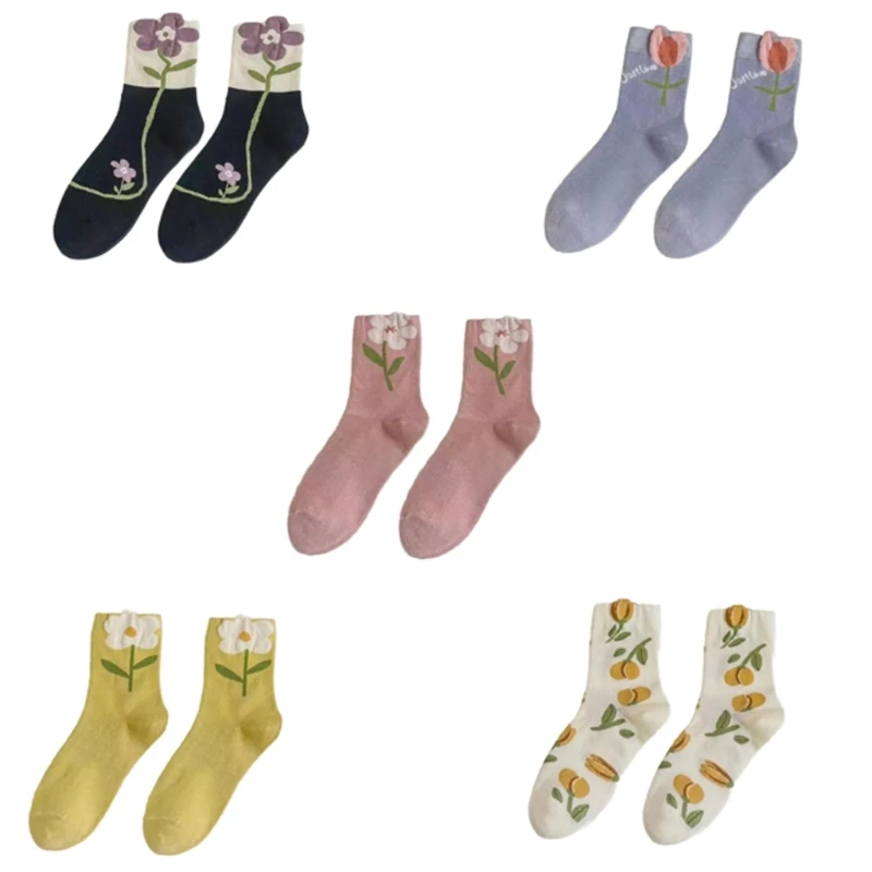 

Korean Flower Pattern Socks For Women Breathable Middle Tube Socks Warm Hosiery N84E