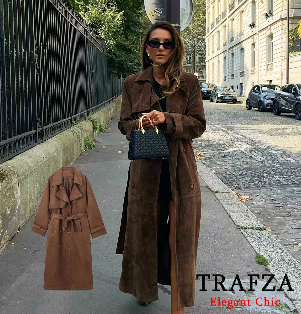 TRAFZA-Women Vintage Płaszcz z paskiem Długi płaszcz z klapami Sznurowane guziki Długi płaszcz Nowy 2024 Jesień Zima Moda Klasyczny Vintage Długi