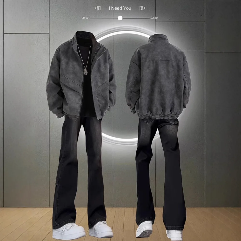 

Man Coat Jacket 2025 Autumn Retro Black Gray Faux Leather Jacket Men's Stand Collar Loose Edgy Biker Motorcycle Jacket