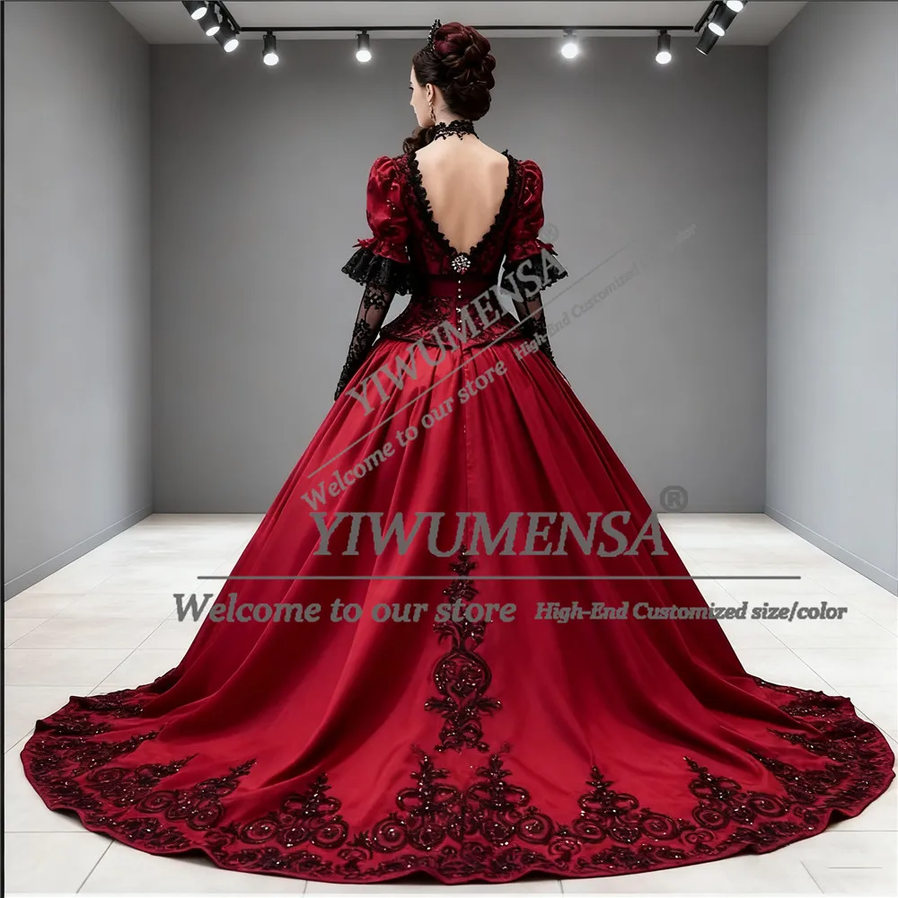Aangepaste gotische bordeaux zwarte galajurk halve mouwen kanten applicaties satijnen rugloze avondjurken kleding voor speciale gelegenheden