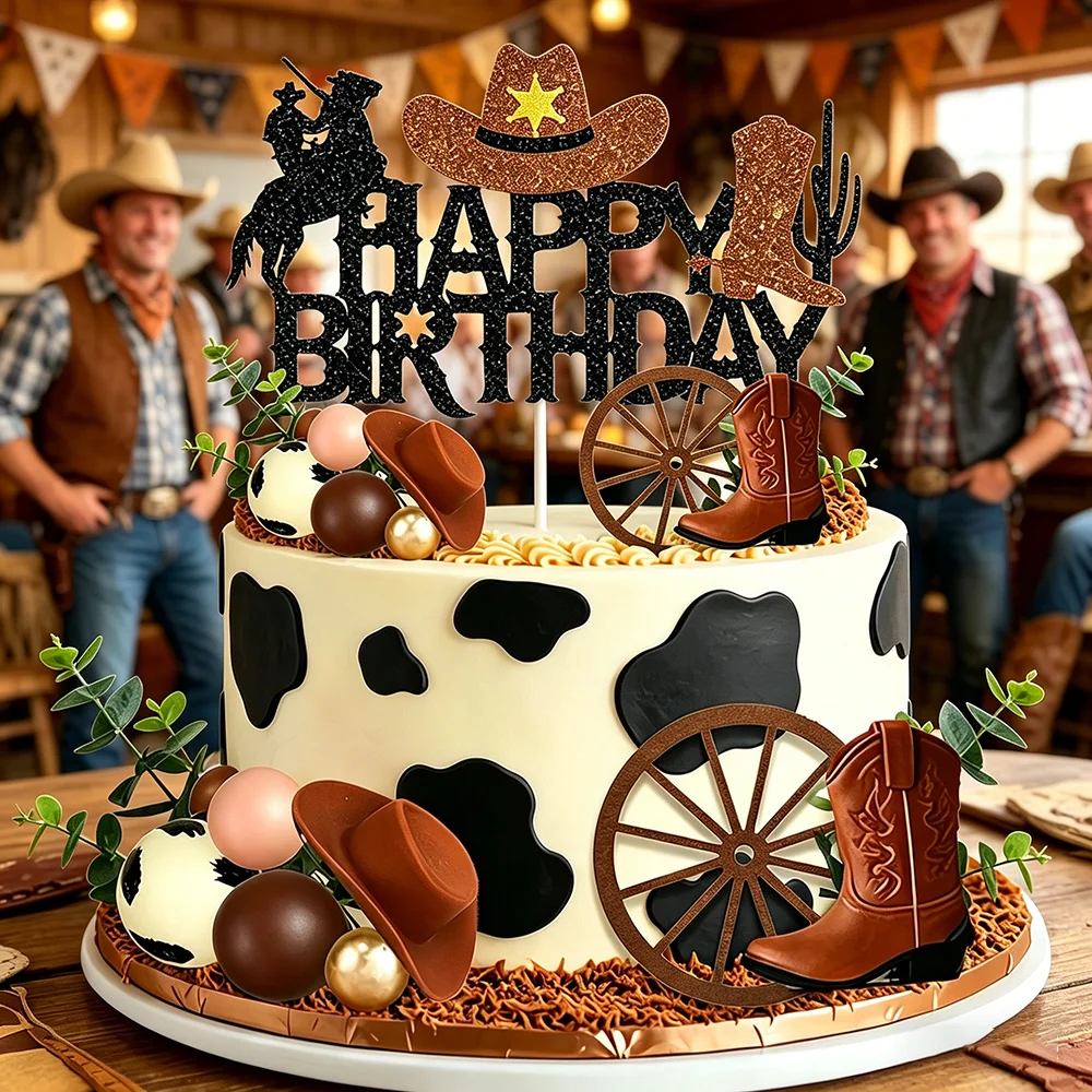Western Cowboy Tortendekoration Glitzer Happy Birthday Junge Mädchen Cowboy-Themen Geburtstag Cupcake Picks Dekorationen Zubehör – Detail 3