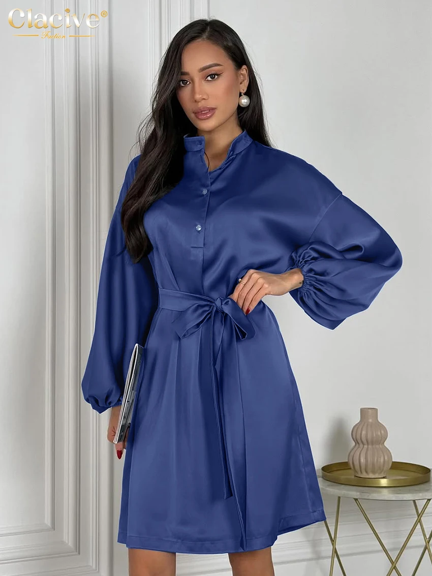 

Clacive Fashion Loose Blue Satin Women's Dress Casual Stand Collar Long Sleeve Mini Dresses Elegant Lace-Up Solid Female Dress