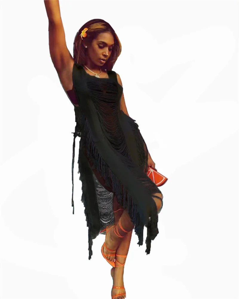 XXL Seksowna Prześwitująca Sukienka Plażowa z Frędzlami i Rozcięciem na Boku Dzianinowa Damska Ażurowa Sukienka na Bikini Szydełkowa Letnia Damska Bluzka Boho Strój Kąpielowy