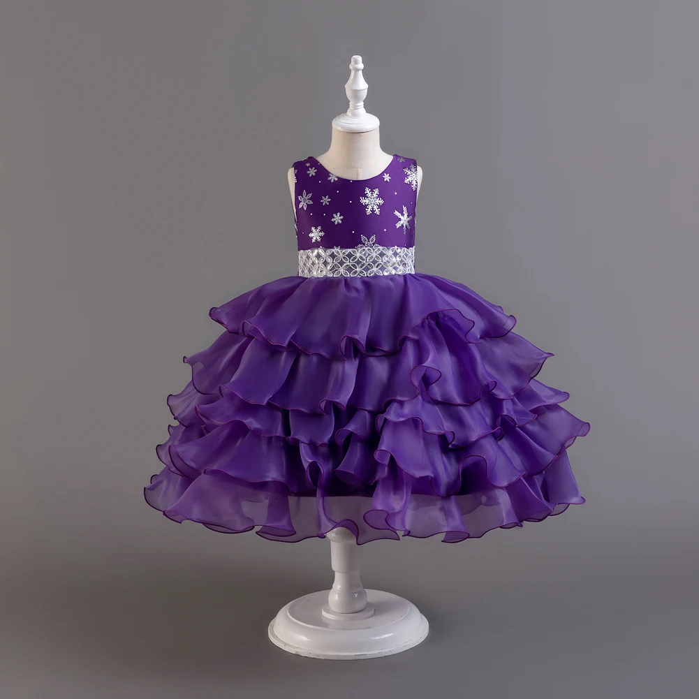 Purple girl fluffy mesh sequin cake dress sleeveless Kids party dress  for 2 to 10 years child holiday clothing