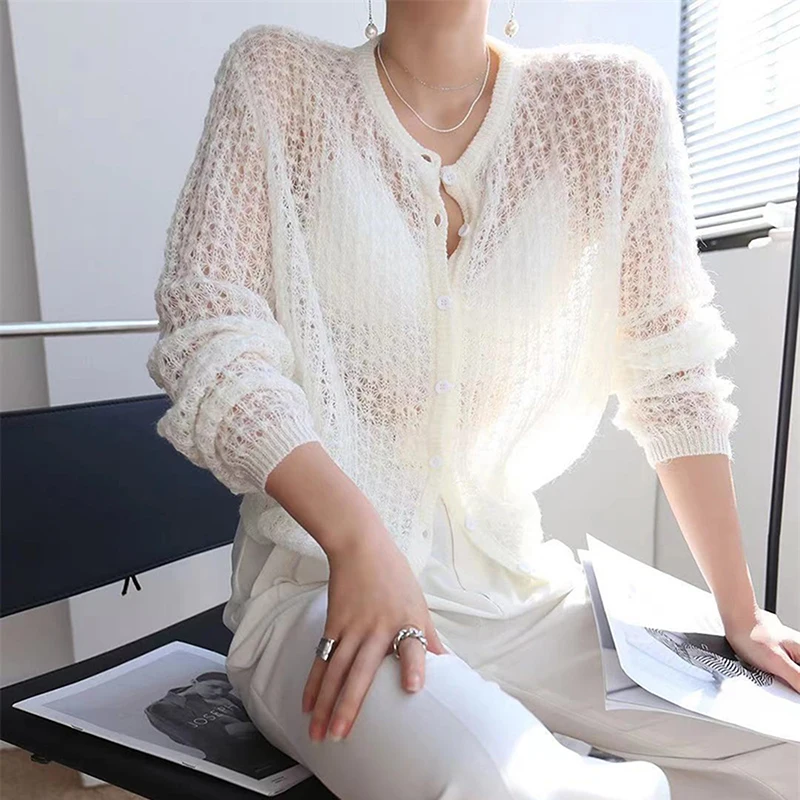 2023 Hollow Out See Through Cardigan Lady Fashion Long Sleeve Single Breasted Button Knitted Sweater Women Autumn Sweet Thin Top