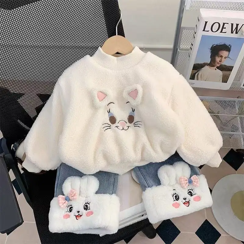 

Girls' Autumn and Winter Set Children's New Western-Style Girl Baby Thick Hoodie Korean Version With Fleece Jeans Two-piece Set