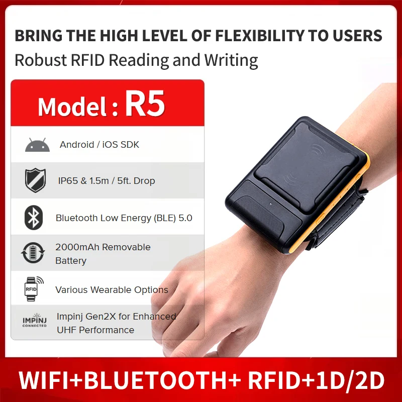 Chainway R5 UHF Bluetooth Handheld Reader Wearable UHF Reader Support Android/iOS for Retail Logistics Warehouse Management