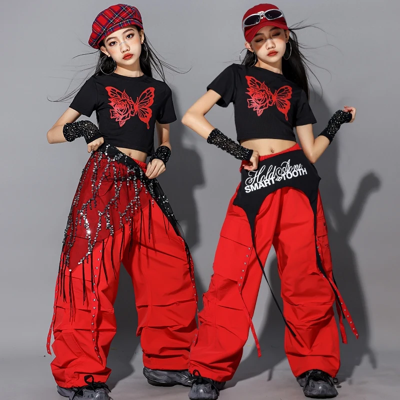 Jazz Dance Costumes Kid Girls Kpop Stage Outfit Red And Black Trendy Suit Crop Top Shuffle Pants Hip Hop Street Dance Wear 2362