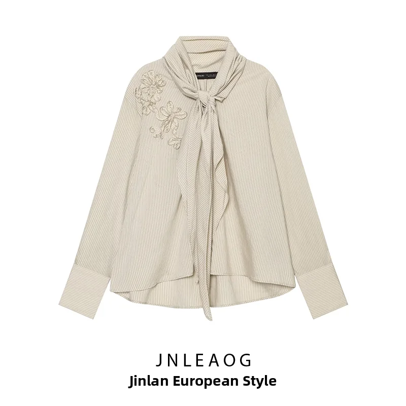 JNLEAOG Fashionable Striped Shirt with Knot Decor Versatile Women's Clothing Autumn New Arrival Breathable Long Sleeve Polyester