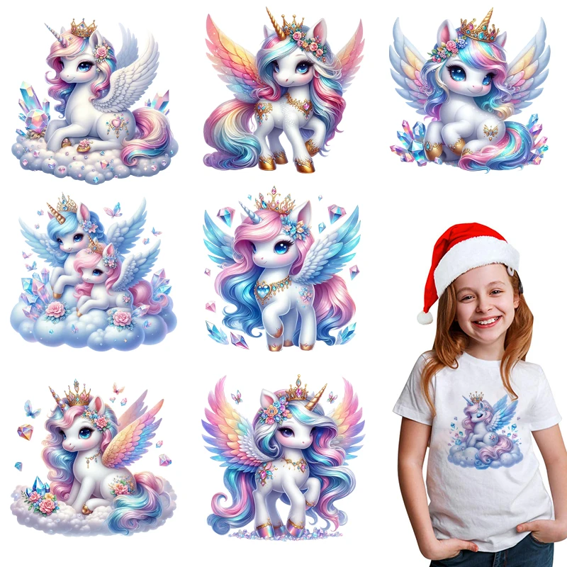 Cute angel unicorn dtf heat transfer sticker, washable iron on clothes, hot stamping image design, DIY children's clothing