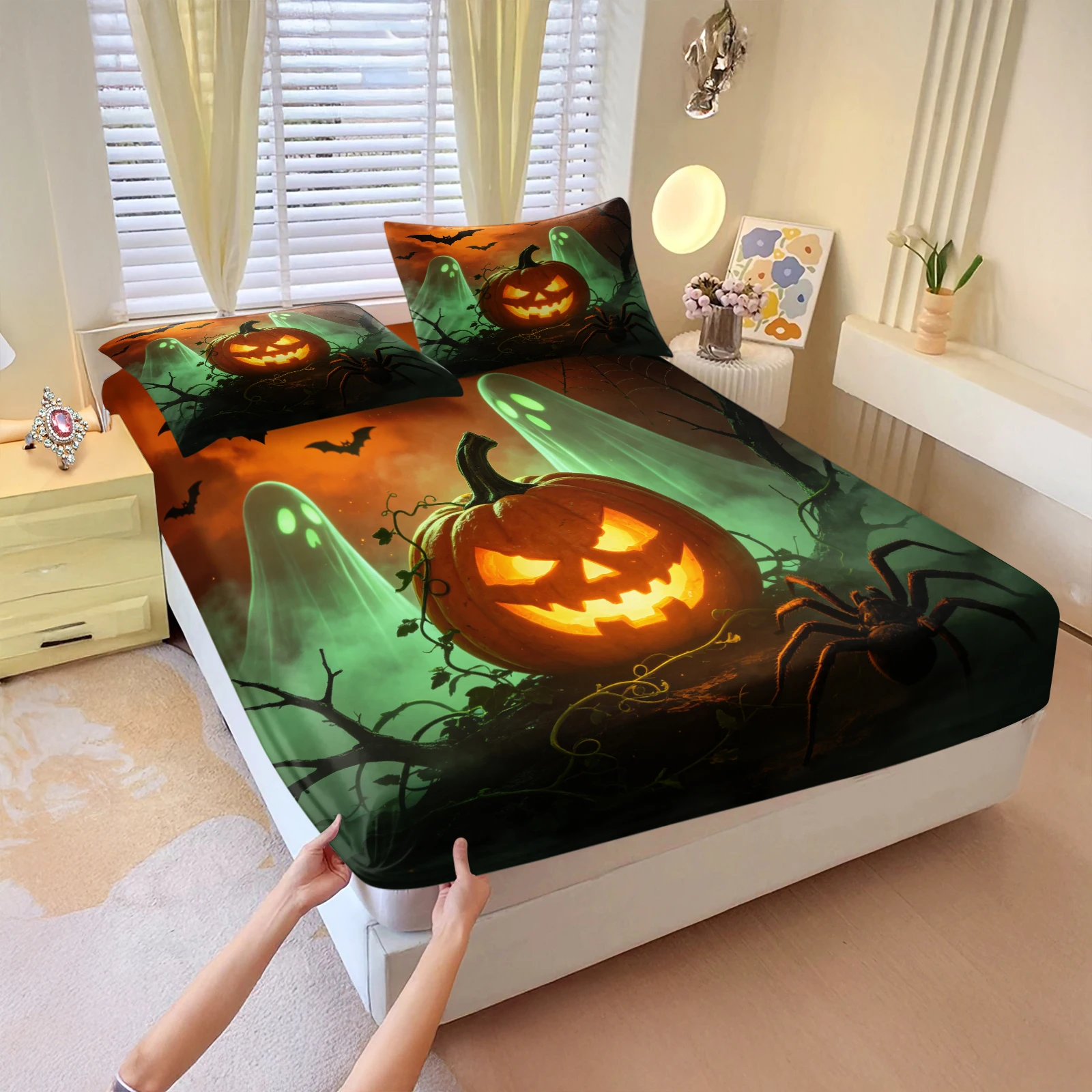 Horror Glowing Pumpkin Green‑Ghost Bat Spider Print Mattress Cover With Pillowcase Halloween Fitted Sheet Set Spooky Bed Decor