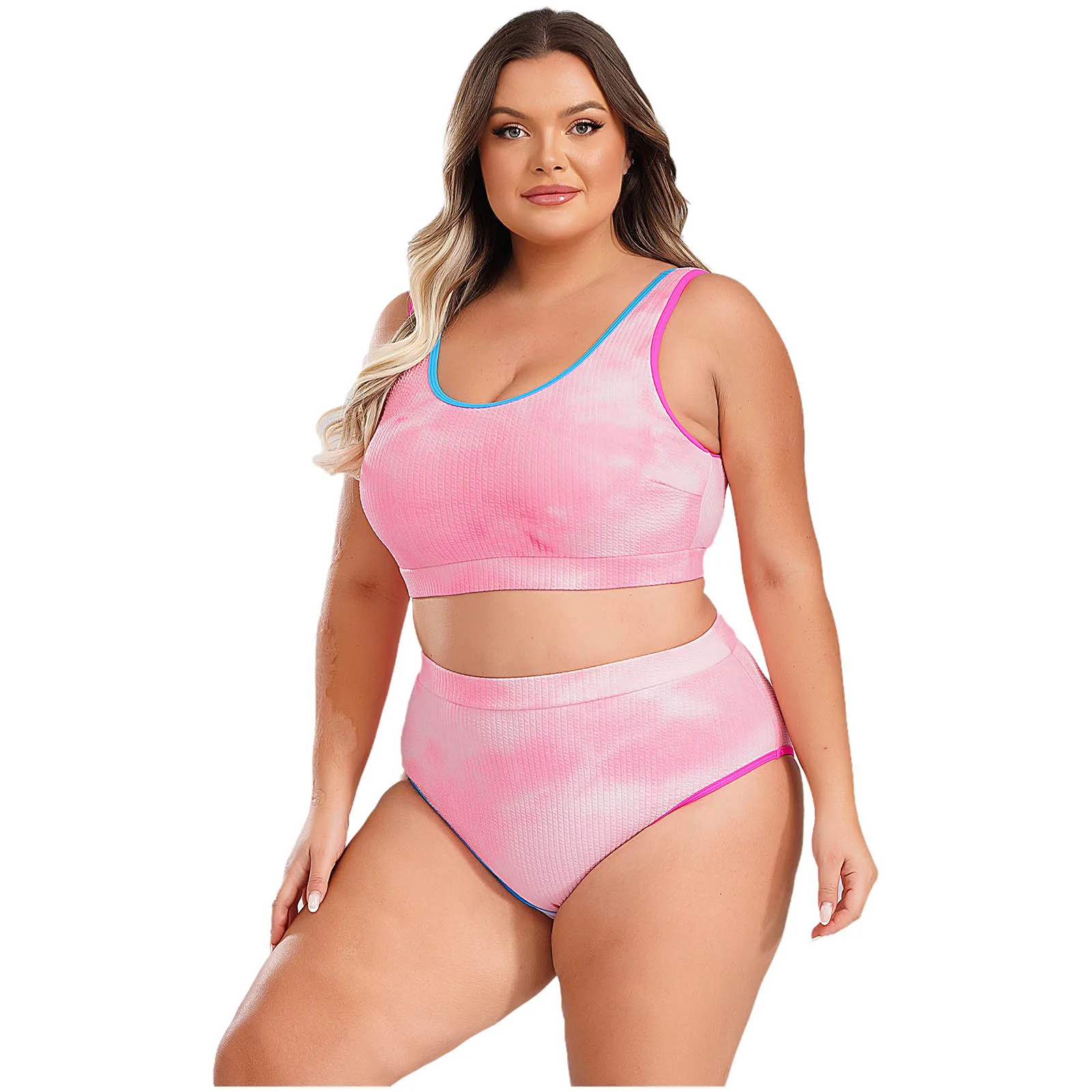 

Womens Plus Size Sporty Swimsuit Two Pieces U Neck High Waisted Tankini Set Color Contrast Beach Swimming Bathing Suit Swimwear