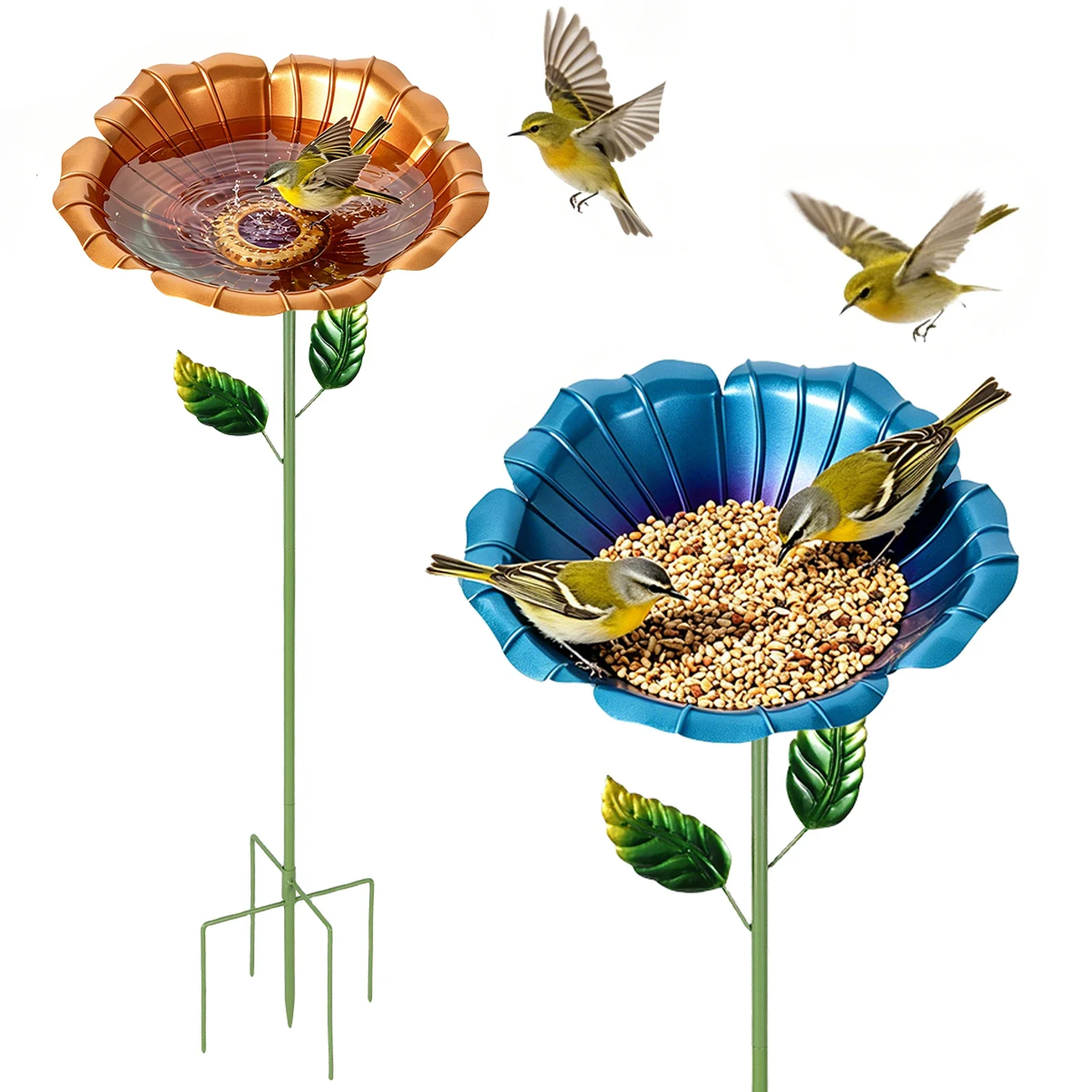2Pcs Metal Bird Bath Feeder Outdoor Garden Birds Drinking Bowl Standing Lawn Stake Decoration Birds Waterer Supplies