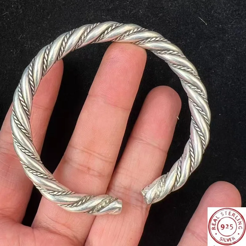 925 Vintage Tibetan Silver Copper Bangle, Filigree Wire Craft & Twisted Rope Design, Handmade Ethnic Jewelry