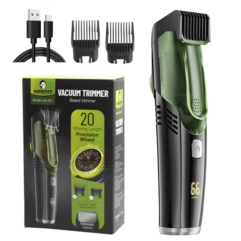 Vacuum Body Hair Trimmer for Men, Mustache Trimmer with 20 Length and Styles Adjustable, Built-in Vacuum Trimmer for Mustache