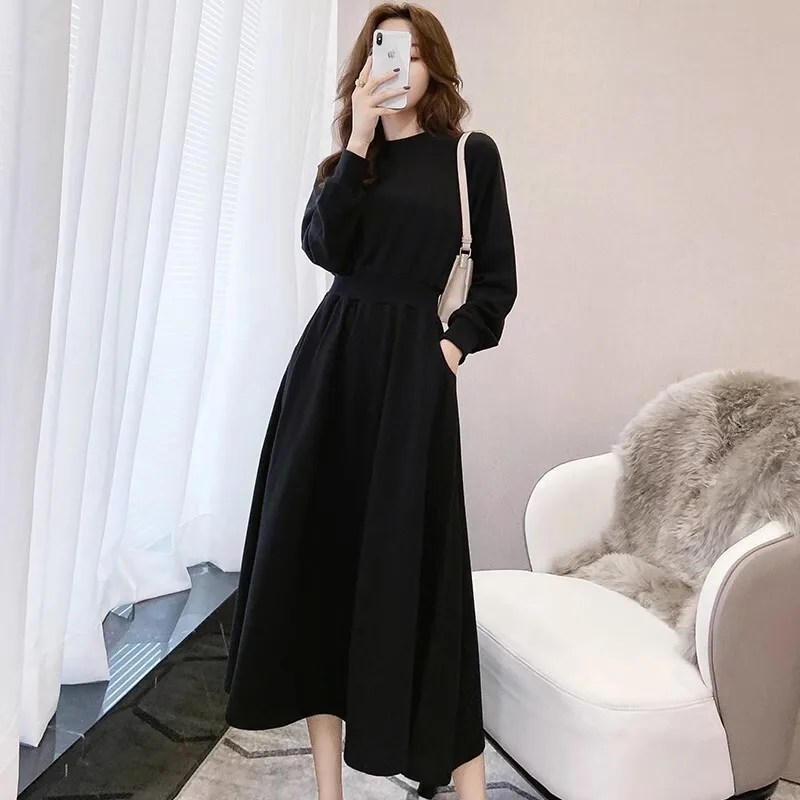 Women Long Sleeves Big Hem Dresses Ladies Basic Black White Long Sundress Casual Solid Elastic High Waisted Spring Summer Dress