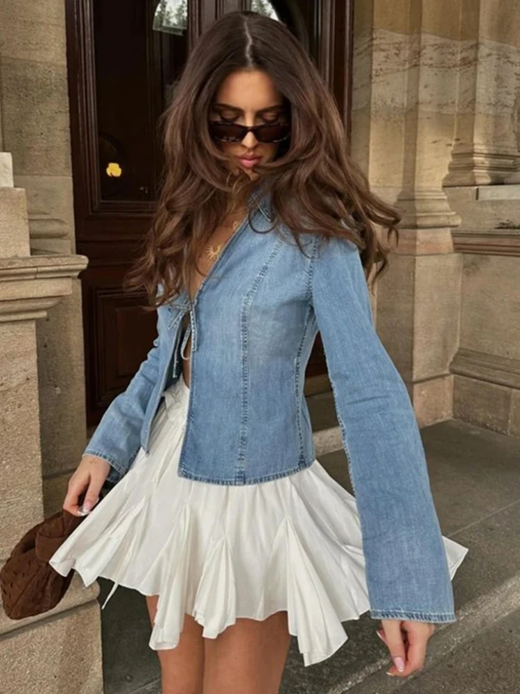 ZBZA Women\'s Bow Tie Lace Up Denim Blouses Slim Fit Lapel Long Flare Sleeve with Slits Streetwear Shirt Fall New Female Chic Top