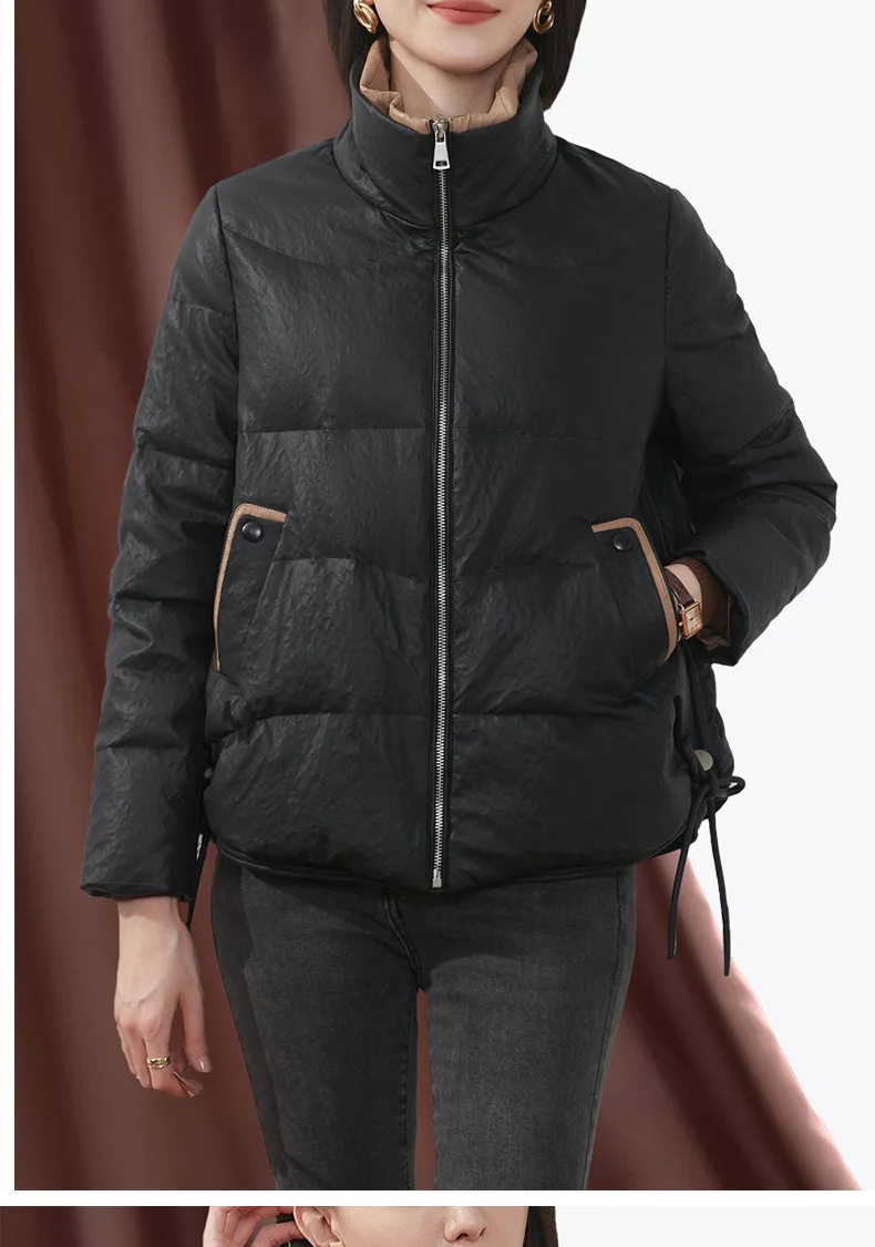 Abrigo de plumón de pato blanco para mujer, abrigo corto de cuero cálido con cuello alto, promoción de invierno, 2023