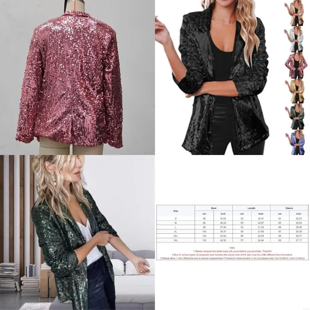

39BC Stylish Open Front Sequins Jackets Long Sleeve Elegant Outerwear Coat