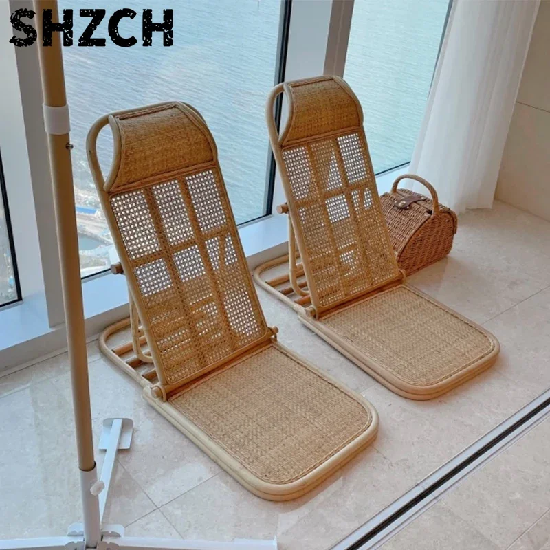 Ins Rattan Weave Beach Chair Foldable Lounge with Adjustable Backrest Portable Tatami Seat for Camping/Balcony Nordic Furniture
