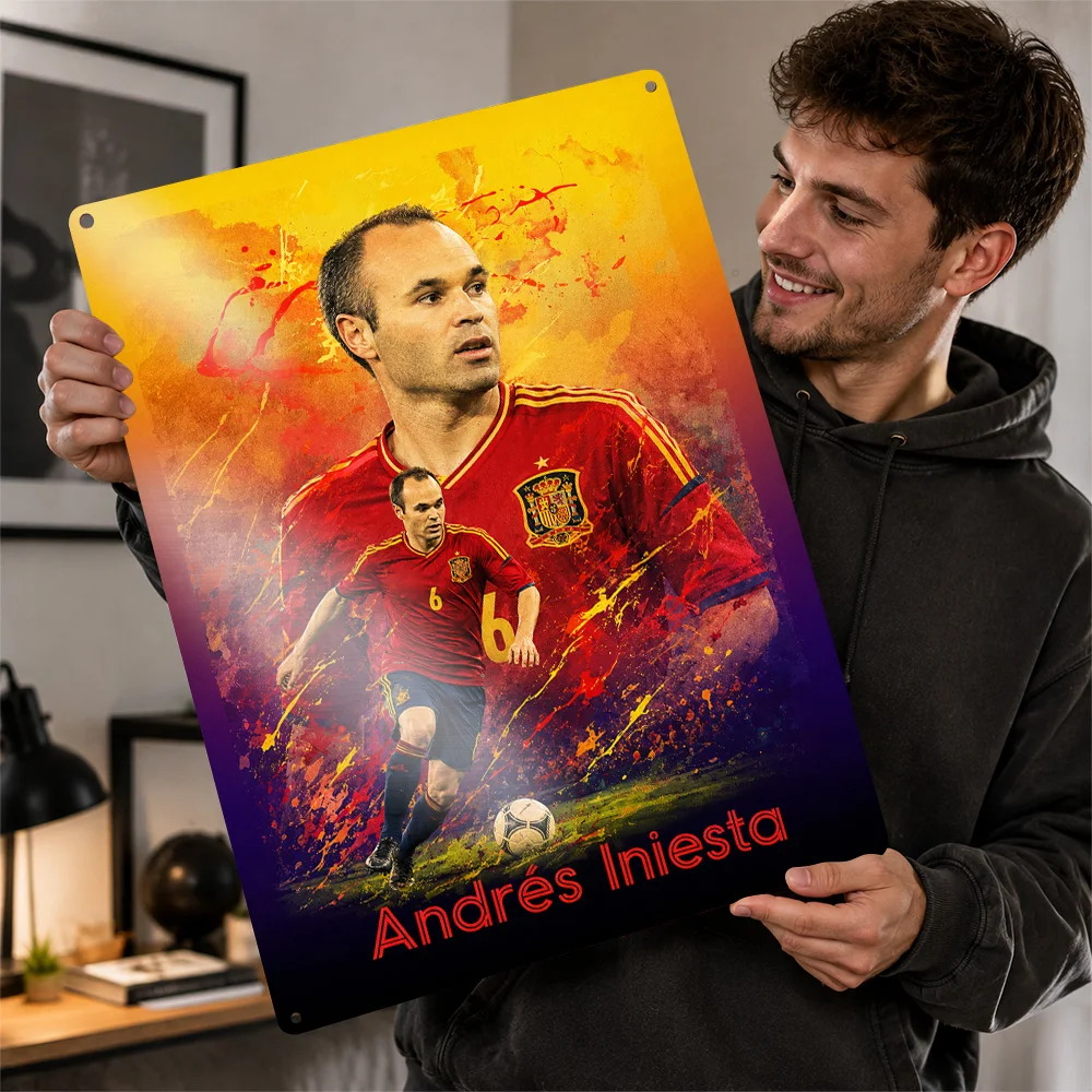 Andrés Iniesta Football Textured Poster Customized Metal Tin Sign Matchday Hero Style Wall Art For Clubhouse And Collector Den