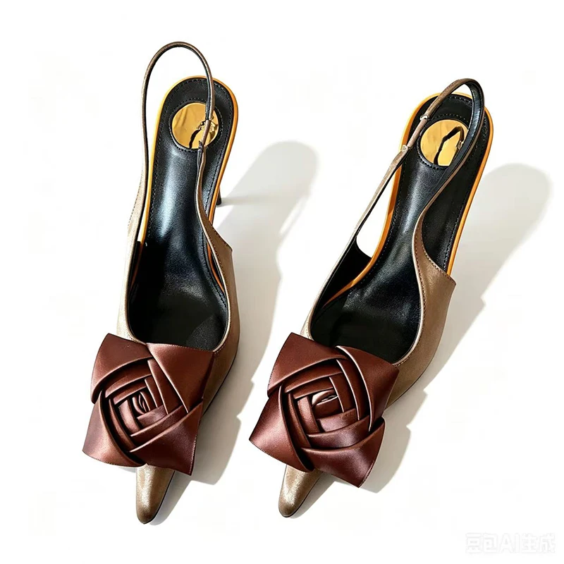 

Aneikeh Summer Brown Satin Rose Flower Slingback Heels Women Elegant Pointed Toe Mid Heel Pumps Backless Party Wedding Shoes