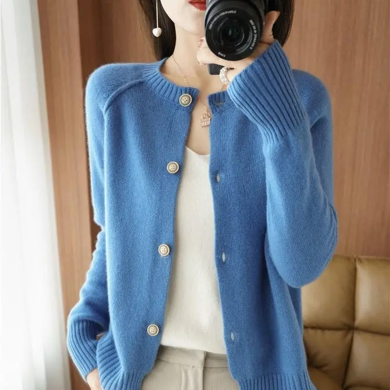 

Autumn Winter Women's Round Neck Simplicity Knitted Cardigan New Fashion All-match Solid Color Button Sweaters Female Clothing