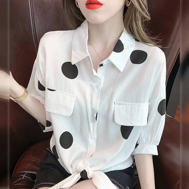 Women Summer Korean Simplicity Loose Lacing Polka Dot Polo-Neck Short Sleeve Shirts Women Clothes Casual All-match Trend Tops