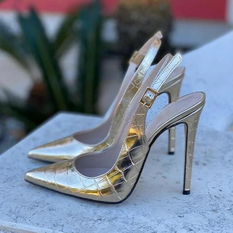 

Sexy Snakeskin Printed Women Slingback Shoes Pointed toe Shallow 12CM Stiletto High Heels Pumps Gold Silver Leather Strap Shoes