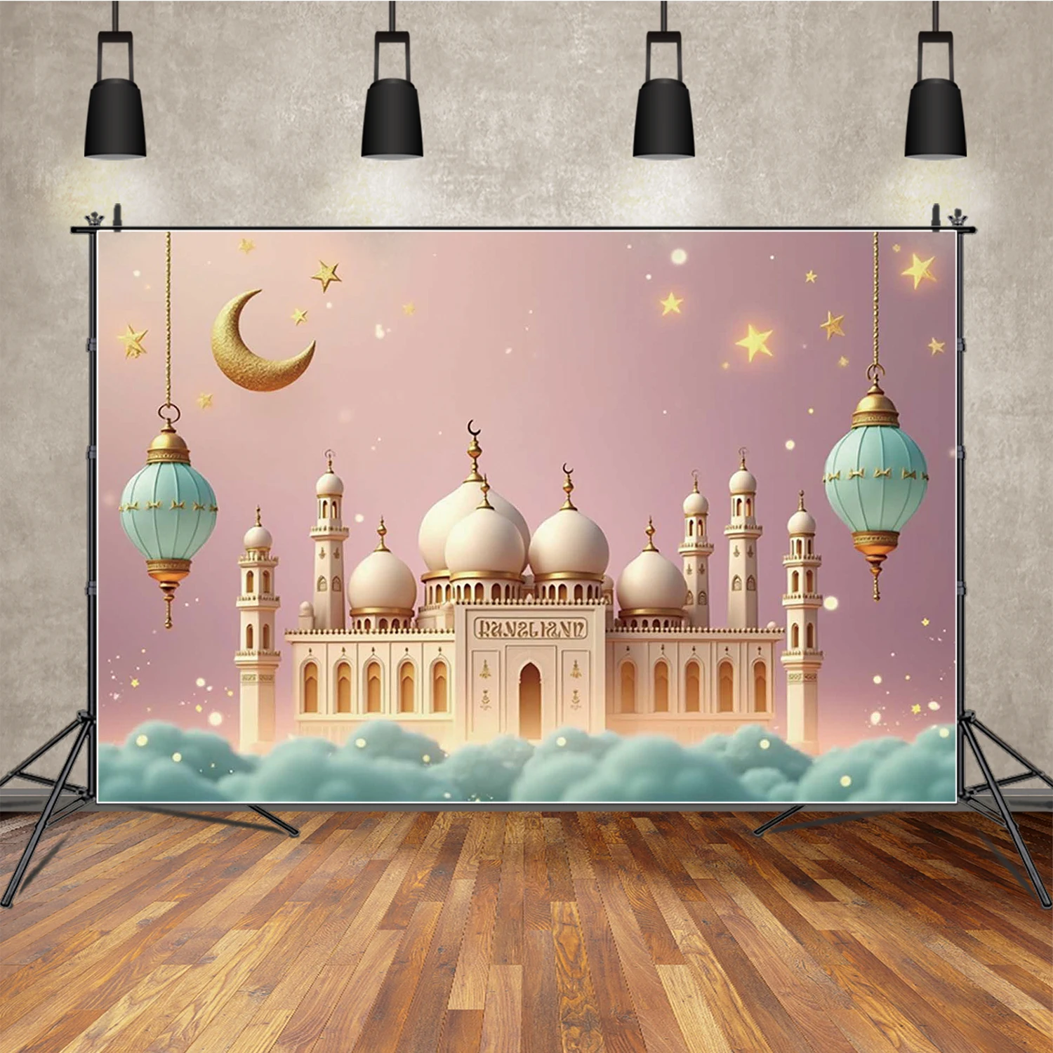 

MOON.QG Ramadan Mubarak Night Photography Backdrop Lantern Cloud Mosque Photozone Background Muslim Studio Photobooth Supplies